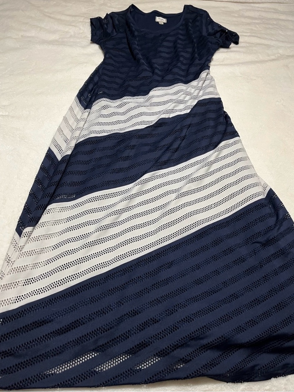 Beige by eci Navy Short Sleeve Maxi Dress with White Stripes